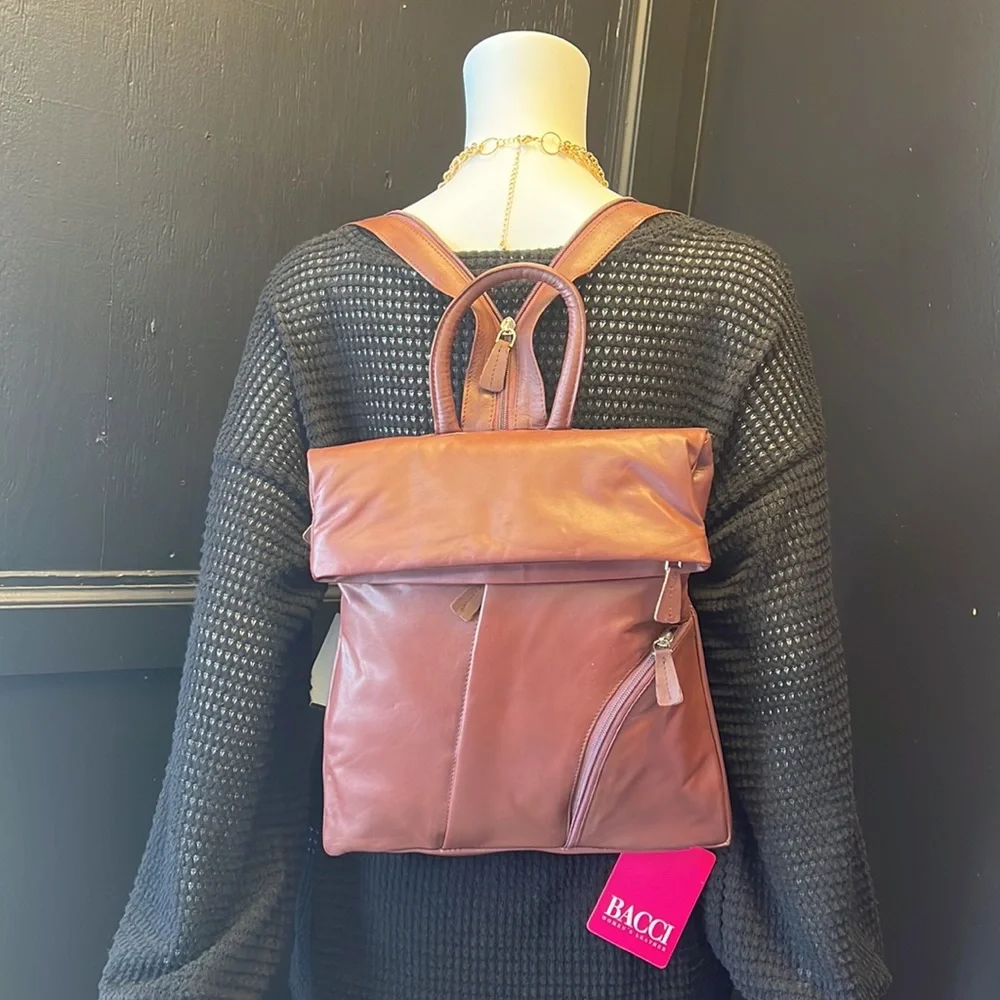 Burgundy 100% Leather 5 compartment mini backpack with adjustable straps - Picture 2 of 7